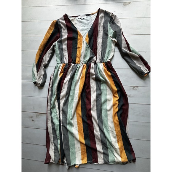 Piper‎ & Scoot Striped Midi Dress Long Sleeve V Neck Multicolor Casual Womens - Picture 1 of 5